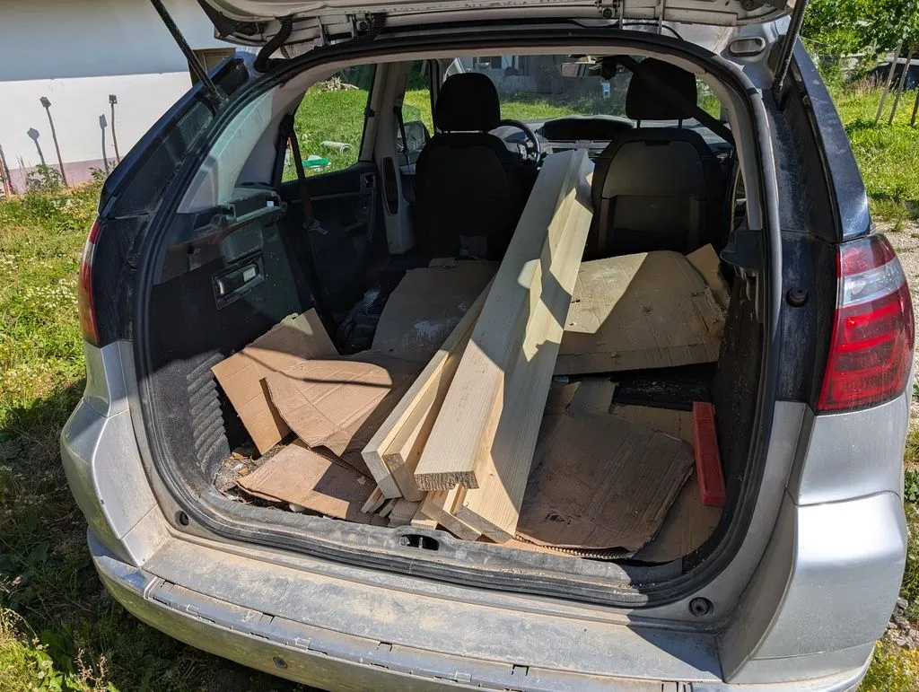 The jointed and planed jambs, freshly picked up from my neighbor, who processed them for me. (As mentioned in the introduction, I have neither a jointer nor a thickness planer, but my neighbors are better equipped and gracious with their tools!)