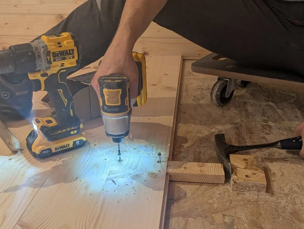 Fastening boards, which we screwed directly through their face into the OSB subfloor. The screws are countersunk at least 5 mm below the surface to allow for future sanding/refinishing. The hammer is being used as a lever to hold the board tightly in place.