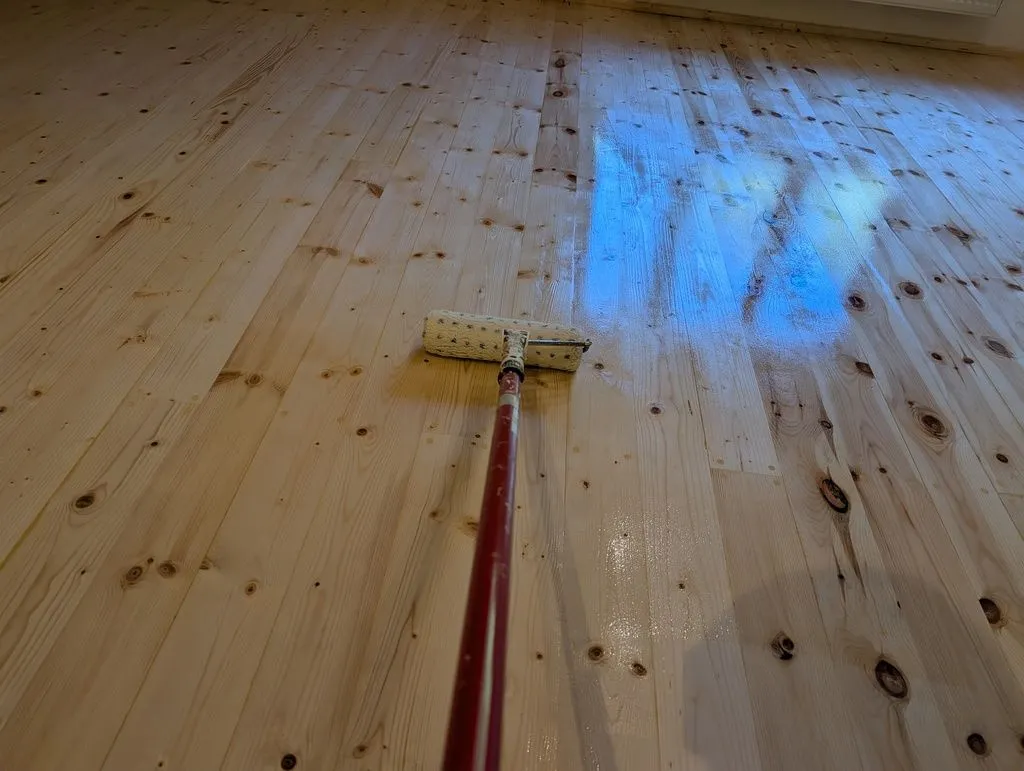 Applying the first coat of floor finish with a microfiber roller.