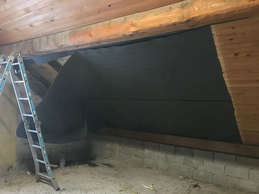 The finish ceiling removed, showing the foam-like sheet material placed between the finisih ceiling and rafters (perhaps this was a makeshift air or moisture barrier?).