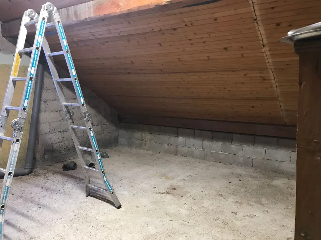 The initial state of the project after emptying the attic: a concrete slab floor, and a tongue and groove finish ceiling over uninsulated rafters.